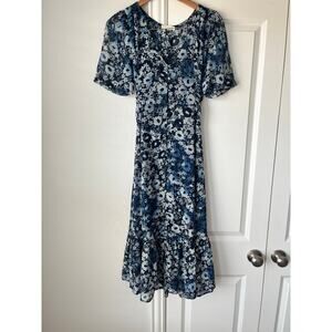 Lovestitch Small Blue Floral Sheer Midi Dress Tie Back w/ Slip Spring / Easter